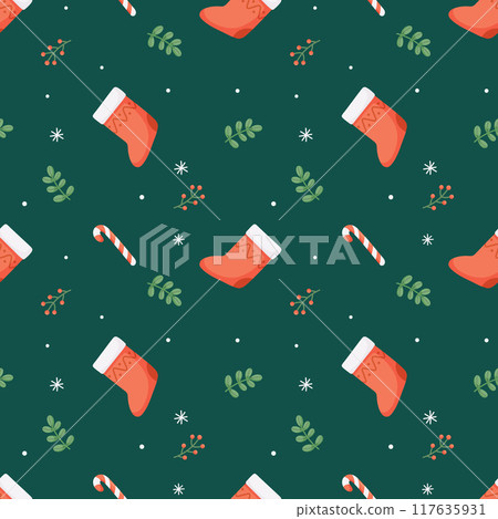 Seamless holiday pattern with Christmas socks, candies and twigs. 117635931