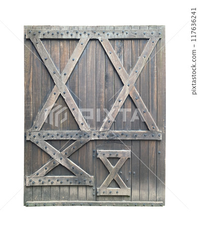 Old wooden rustic door isolated on white background 117636241