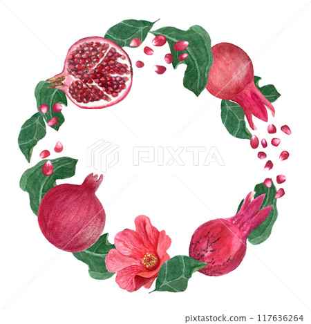 Pomegranate fruits, flowers, seeds and leafs watercolor wreath isolated on white. The hand-painted high quality vibrant art is ideal for botanical prints, cards, floral tea packages, posters and Pomegranate fruits, flowers, seeds and leafs watercolor wreath isolated on white. The hand-painted high quality vibrant art is ideal for botanical prints, cards, floral tea packages, posters and 117636264