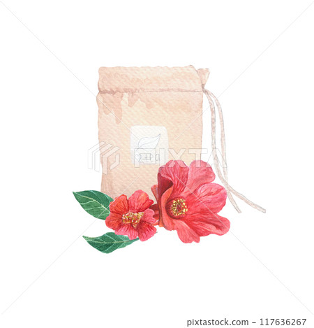 Homemade tea bag and pomegranate flowers watercolor composition isolated on white. High quality hand drawn art great for stickers, tape, for crafts, hobby, cards, packages, tea, herbal medicine 117636267