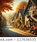 秋天的早晨，太陽緩緩升起，整個村莊沐浴在溫暖的光芒中。 117636535