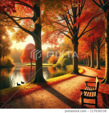 秋天的下午，安靜的池塘裡倒映著秋葉的景色 117636536