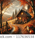 秋意盎然的山間小屋，煙囪裡炊煙裊裊，營造出溫馨的氣氛。 117636538