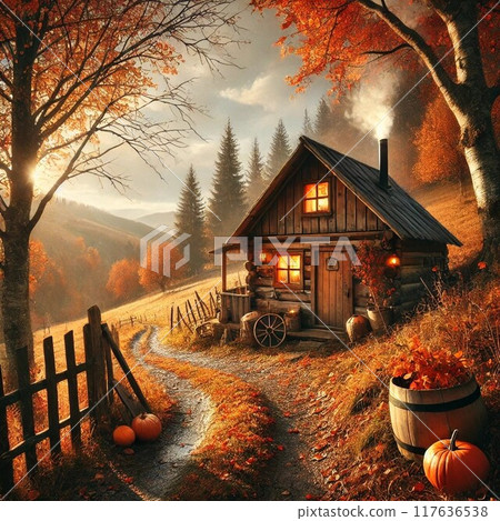 秋意盎然的山間小屋，煙囪裡炊煙裊裊，營造出溫馨的氣氛。 117636538