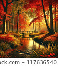 秋天的樹葉鮮豔，溪流平靜，森林裡流著。 117636540