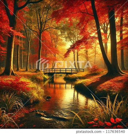 A forest of vibrant autumn foliage and a calm stream running through it 117636540