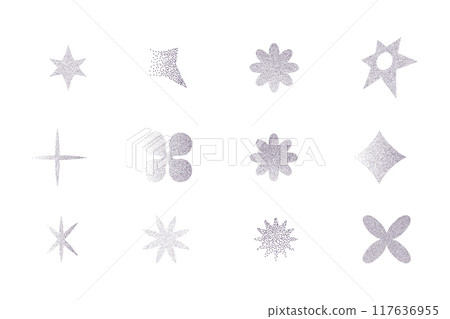 Abstract elements with sand grain texture, y2k retro grunge dotwork gradient. Stars flowers. pointillism holographic blur . Abstract elements with sand grain texture, y2k retro grunge dotwork gradient. Stars flowers. pointillism holographic blur . 117636955