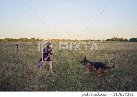 two women play in the field with a german shepherd dog toy at sunset 117637381