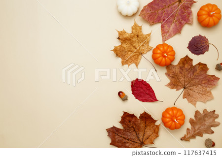 Autumn composition with maple leaves, decorative pumpkins and candles. Top view. Copy space Autumn composition with maple leaves, decorative pumpkins and candles. Top view. Copy space 117637415