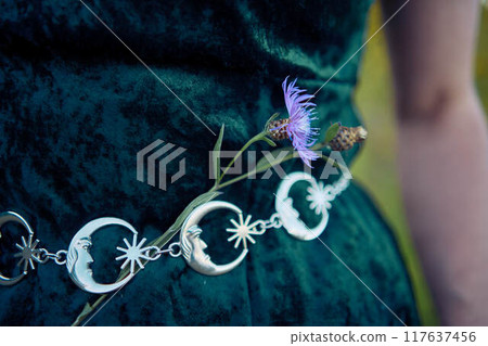 woman in whimsical aesthetic style dress in field in summer at sunset 117637456