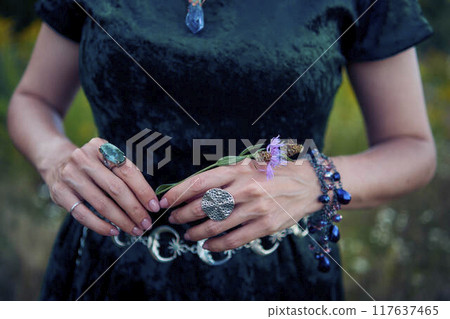 woman in whimsical aesthetic style dress in field in summer at sunset 117637465