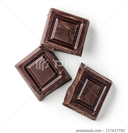 Dark chocolate pieces isolated, Top view 117637793
