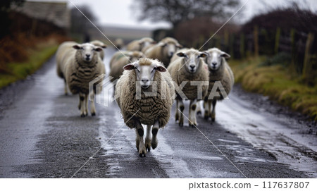 Sheep walking on the road in countryside. Sheep walking on the road in countryside. 117637807