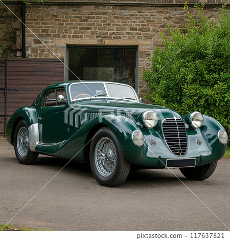 Green Vintage Coupe Parked by Stone Building 117637821