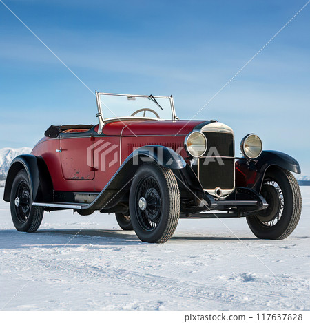 Red Vintage Car on Snowy Terrain 117637828