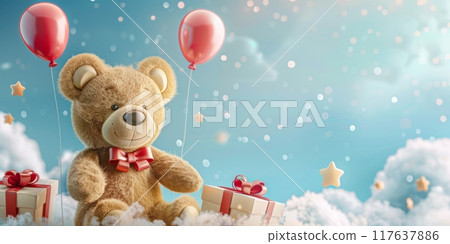Toy bear and gift box on a blue background with copy space. Greting card concept. Ai generative. 117637886