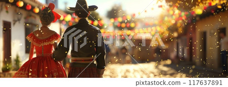 festa junina banner people dancing with lanterns .Ai generative. festa junina banner people dancing with lanterns .Ai generative. 117637891