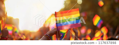 LGBT pride parade. Group of people on the city street with gay rainbow flag. Ai generative 117637898