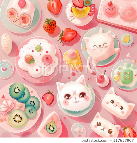 Cute Blue Food With Cats. Beautiful sweets with cats 117637907