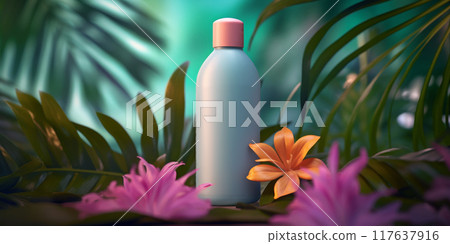 plastic spray bottle mock-up and summer flowers. Natural organic spa cosmetics and liquid antimicrobial concept. flower shampoo. Ai generative plastic spray bottle mock-up and summer flowers. Natural organic spa cosmetics and liquid antimicrobial concept. flower shampoo. Ai generative 117637916