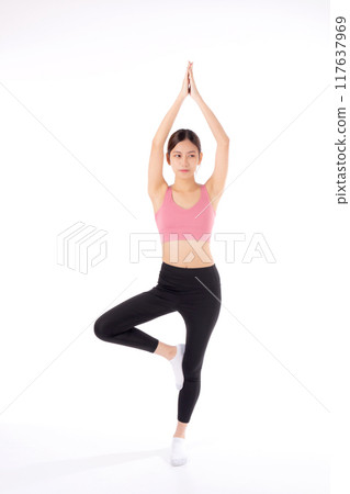 Portrait young asian woman in sportswear doing practice yoga for stretch hands isolated. Portrait young asian woman in sportswear doing practice yoga for stretch hands isolated. 117637969