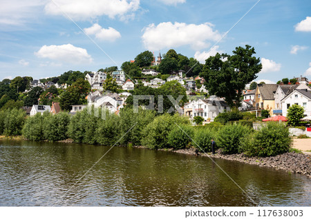 Hamburg, Germany, July 19, 2024 - Vacation houses in country style at the banks of the river Elbe near Blankenese Hamburg, Germany, July 19, 2024 - Vacation houses in country style at the banks of the river Elbe near Blankenese 117638003