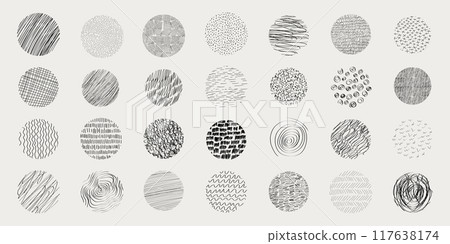Textures set, collection hand drawn abstract monochrome brush marks. Doodle shapes spots, drops, curves and lines. Contemporary modern trendy 117638174