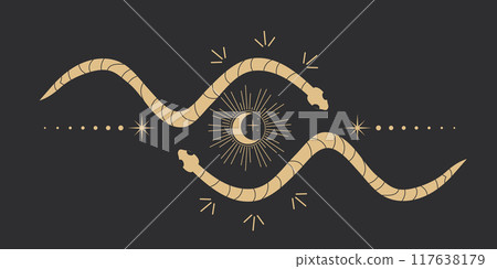 Celestial serpent snake circle frame, esoteric tarot or tattoo mystery sacred symbol border. Linocut style boho. Occultism and religion, sacred rites and sacrifice. Reptile 117638179