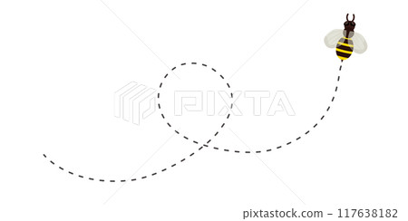 Bee flying doted path, line way. Bumblebee fly route journey for travel. Honey product design, Bee with cute wings. Bee flying doted path, line way. Bumblebee fly route journey for travel. Honey product design, Bee with cute wings. 117638182
