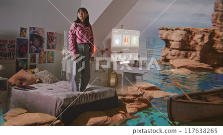 Futuristic 3D graphics of shore and AI app interface 117638265