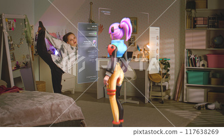 Teen girl talks to virtual reality hologram in metaverse AI chat Teen girl talks to virtual reality hologram in metaverse AI chat 117638269