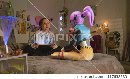 Young girl talks to virtual reality hologram of AI friend Young girl talks to virtual reality hologram of AI friend 117638283
