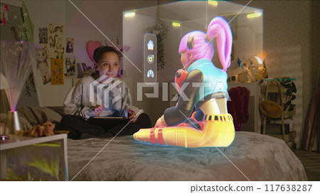 Young girl talks to virtual reality hologram of AI friend 117638287