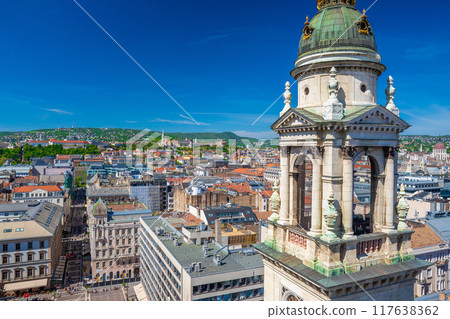 Panoramic view from St. Stephen's Basilica, a Roman Catholic basilica in Budapest, Hungary. Famous landmark 117638362