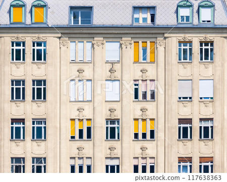 Facade of an old residential building in Budapest Facade of an old residential building in Budapest 117638363