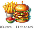 Illustration of a set of hamburgers, french fries and ketchup 117638389