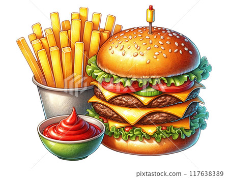 Illustration of a set of hamburgers, french fries and ketchup 117638389