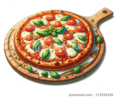 Illustration of pizza on a wooden plate 117638390