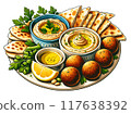 Illustration of a plate of hummus and falafel with pita bread 117638392
