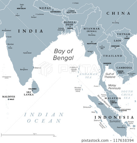 Bay of Bengal, gray political map. Northeastern part of Indian Ocean and largest bay of the world, positioned between the Indian subcontinent and Indochinese peninsula, located below Bengal region. Bay of Bengal, gray political map. Northeastern part of Indian Ocean and largest bay of the world, positioned between the Indian subcontinent and Indochinese peninsula, located below Bengal region. 117638394