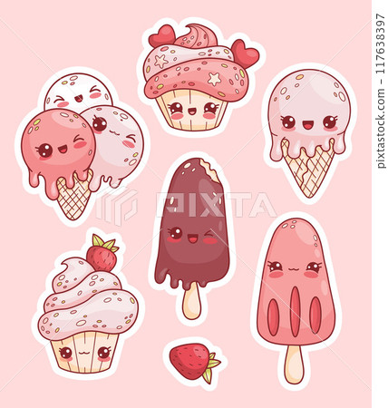 Sweets and desserts stickers. Cute Ice cream cone and fruit and chocolate on stick, cream cupcake with strawberries and hearts. Isolated funny sweet kawaii cartoon character. Vector illustration. 117638397