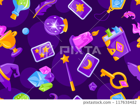 Pattern with magic items. Witchcraft alchemy mystery elements. 117638482