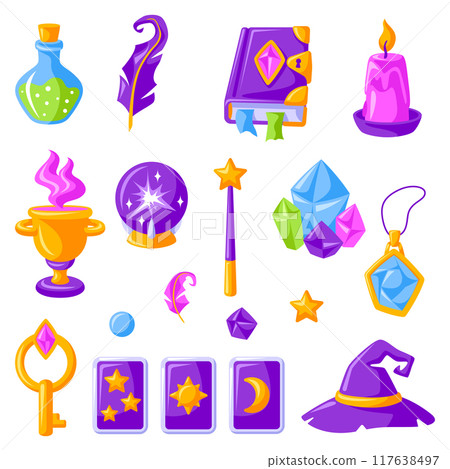 Collection of magic items. Witchcraft alchemy mystery elements. Collection of magic items. Witchcraft alchemy mystery elements. 117638497