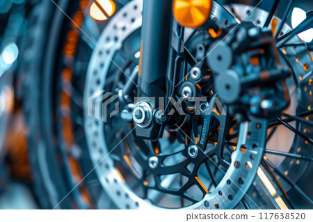 Motorcycle braking system, brake disc on motorbike 117638520