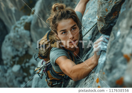 Female Rock Climber Ascending a Sheer Cliff 117638556
