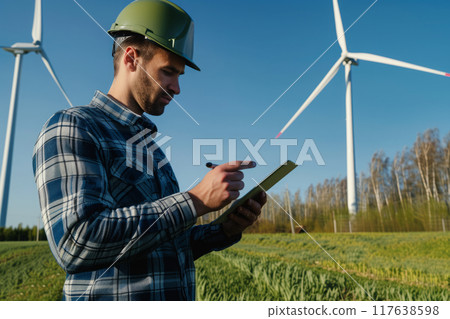 Engineer inspecting wind turbines 117638598