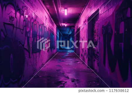 Dark alleyway with walls covered in graffiti art 117638612