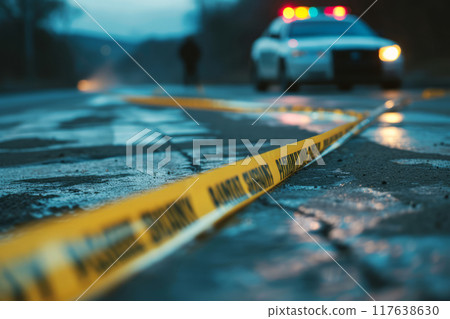 Crime scene with secure tape and police car in night 117638630