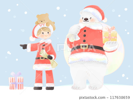 Polar bear and child Santa Claus Christmas 117638659