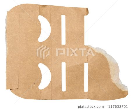 Torn piece of brown cardboard on a white isolated background, close up 117638701